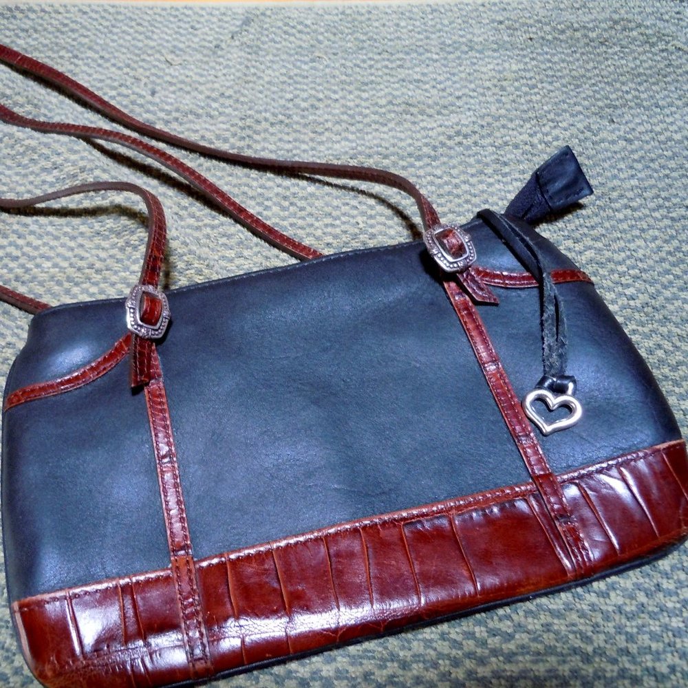 EUC!!  Brighton Small Zip Top Shoulder Bag - Black/Brown Croc Embossed Leather